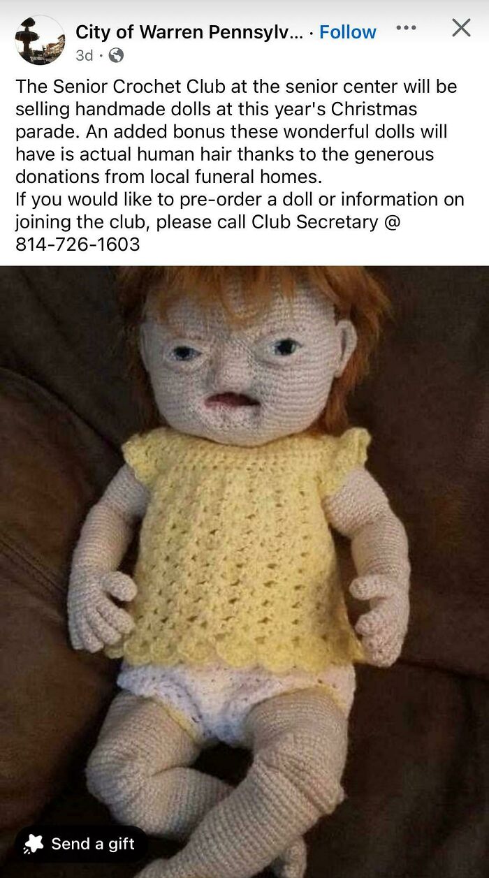 Crocheted doll with human hair in yellow dress, featured in unusual online sale listing.