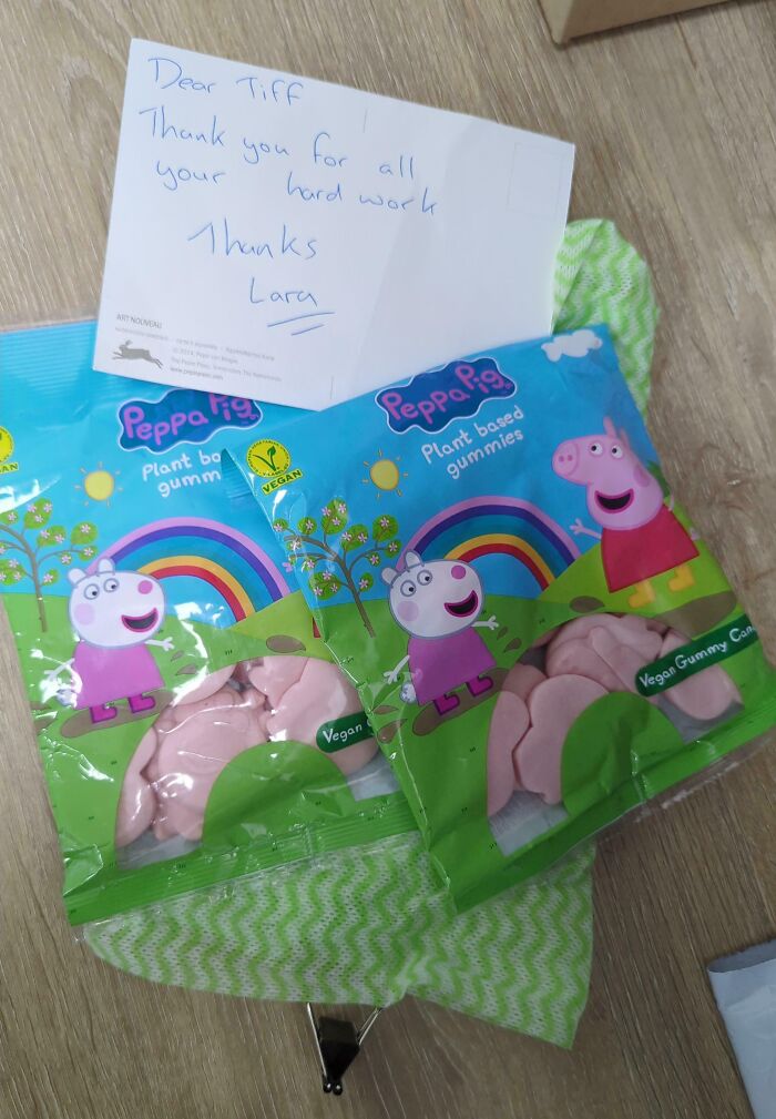 Company gifts include Peppa Pig vegan gummies with a thank-you note.