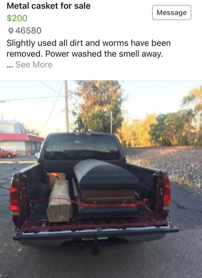 Metal casket listed for sale online in the back of a pickup truck, highlighting creepy things to sell.