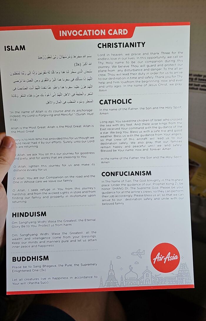 AirAsia invocation card with religious texts, featuring cool products with surprises for travelers.