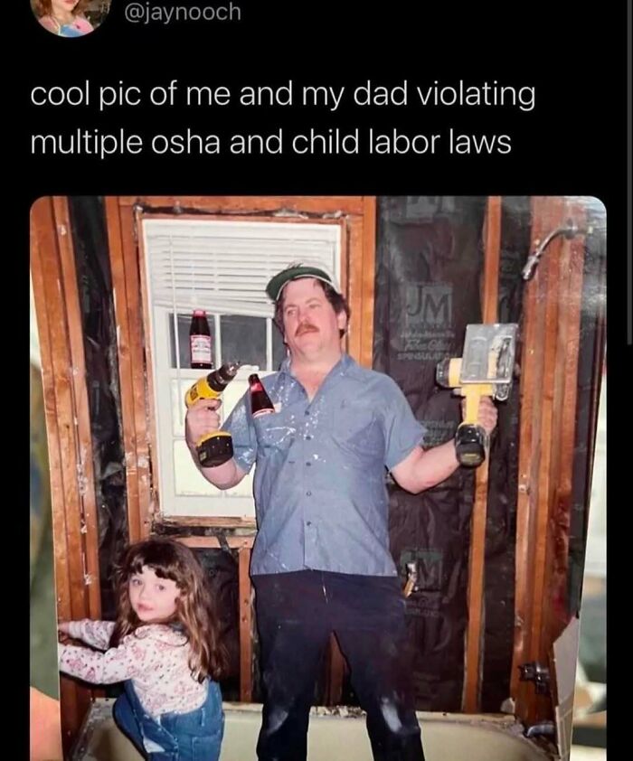 Man and child posing humorously with tools and soda bottles in a partially renovated room, embodying funny random memes.