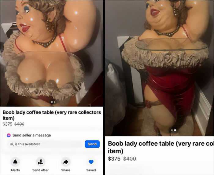 Facebook Marketplace ad for a novelty "b**b lady" coffee table, labeled a rare collector's item.
