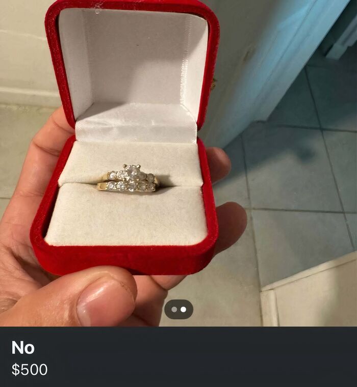 Delusional Facebook Marketplace ad showing a diamond ring in a red box priced at $500.