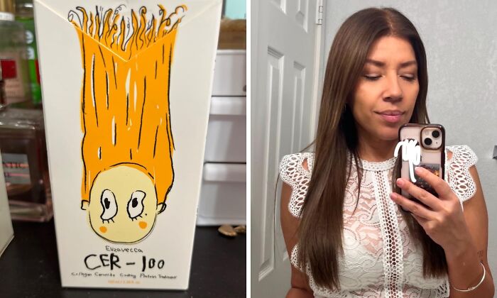 Hair treatment product with cartoon design and a woman showing smooth hair in a mirror selfie, popular on TikTok.