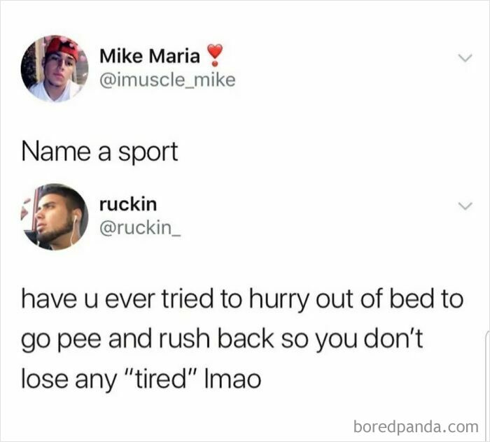 Tweet exchange with a hilariously bizarre new sentence comparing rushing to the bathroom with a sport.