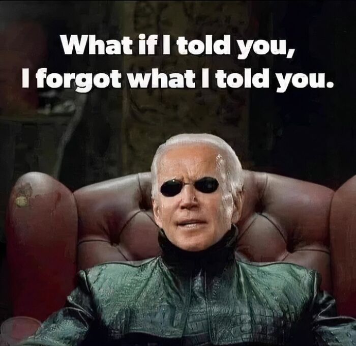 A humorous meme of a person in a leather chair with sunglasses, captioned "What if I told you, I forgot what I told you."