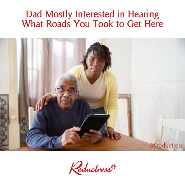 Older man and younger woman interacting with a tablet, featuring a humorous fake article headline from Reductress online magazine.