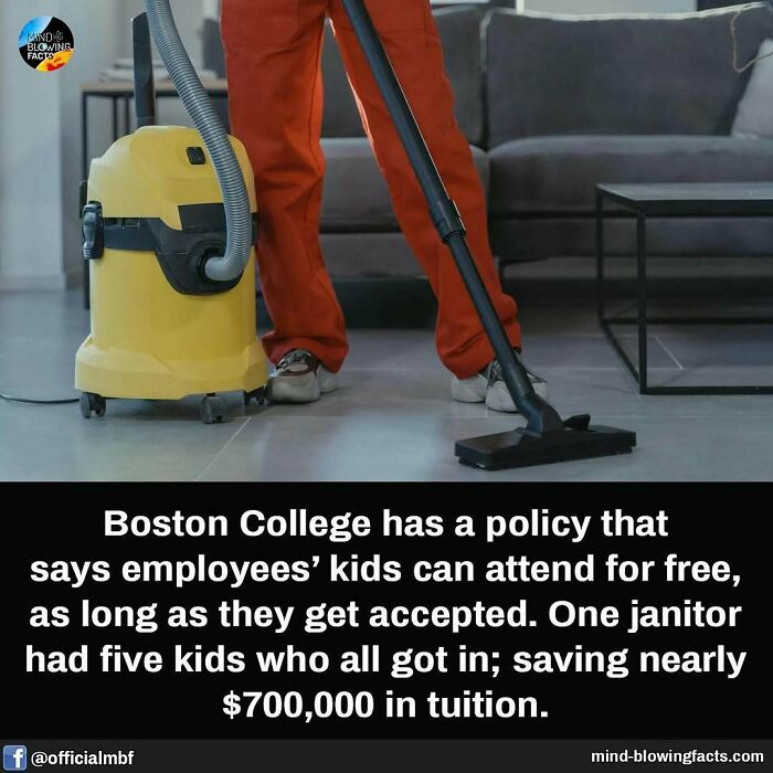 Janitor using vacuum cleaner in living room illustrating mind-blowing facts about Boston College tuition savings.