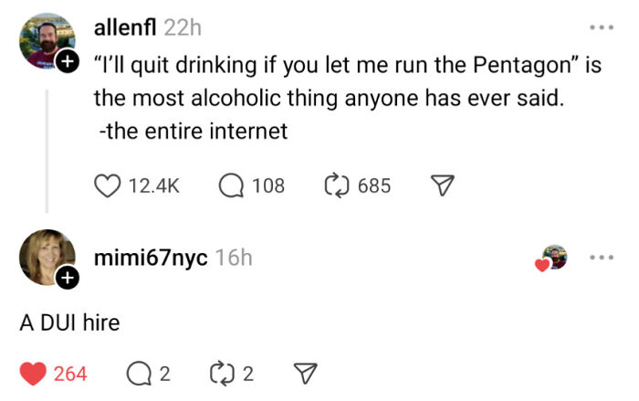Screenshot of a White People Twitter exchange highlighting humor and social critique about drinking and the Pentagon.