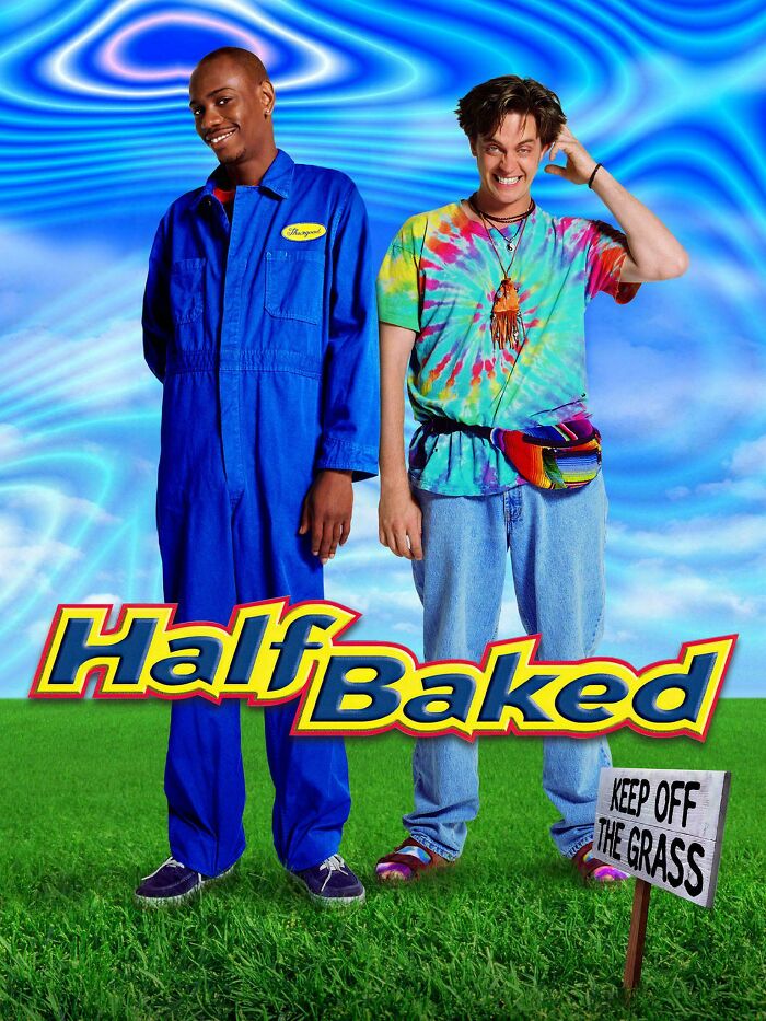 Two characters in colorful clothes standing with "Half Baked" logo, capturing the wild '90s vibe.