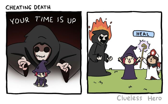 Comic of a clueless hero outsmarting Death with a healer; Death on fire, looking surprised.