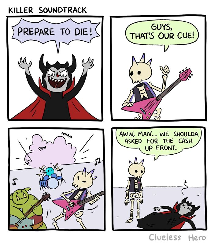Comic strip with a clueless hero skeleton band playing music for a defeated vampire villain.