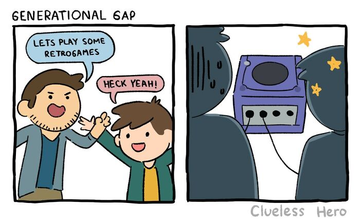 Comic of a "Clueless Hero" playing retro games, highlighting a generational gap in gaming knowledge.