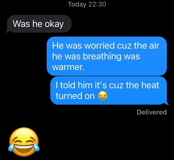 Text conversation showing a clueless moment about warmer air; includes laughter emoji.