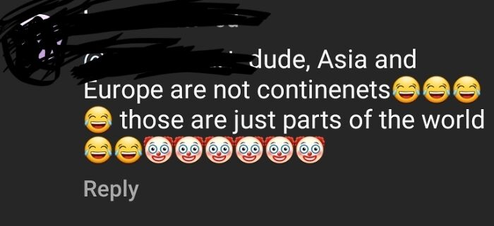 Social media post claiming Asia and Europe aren't continents with laughing emojis, related to dumbest posts.