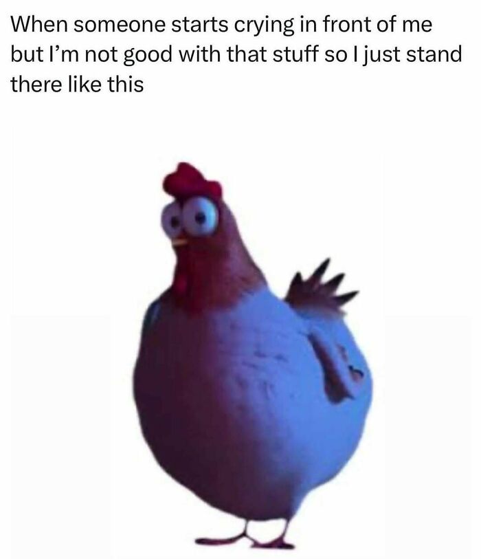 Chicken with wide eyes standing awkwardly, illustrating humor as a coping mechanism in uncomfortable emotional situations.