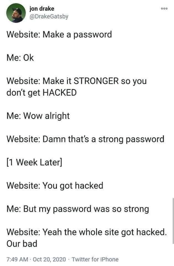 Meme for programmers about password strength and hacking humor.