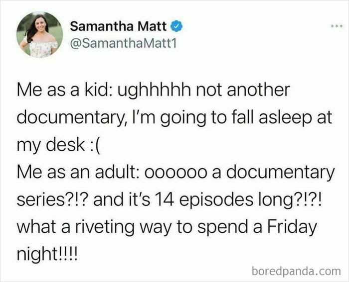 Funny post about Millennials' changing attitudes towards documentaries from childhood to adulthood.