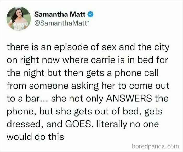 Millennials find humor in a tweet about a "S*x and the City" episode where Carrie spontaneously goes out.