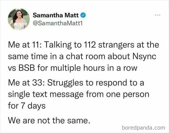 Millennial humor tweet comparing chat room activity at 11 with texting struggles at 33.