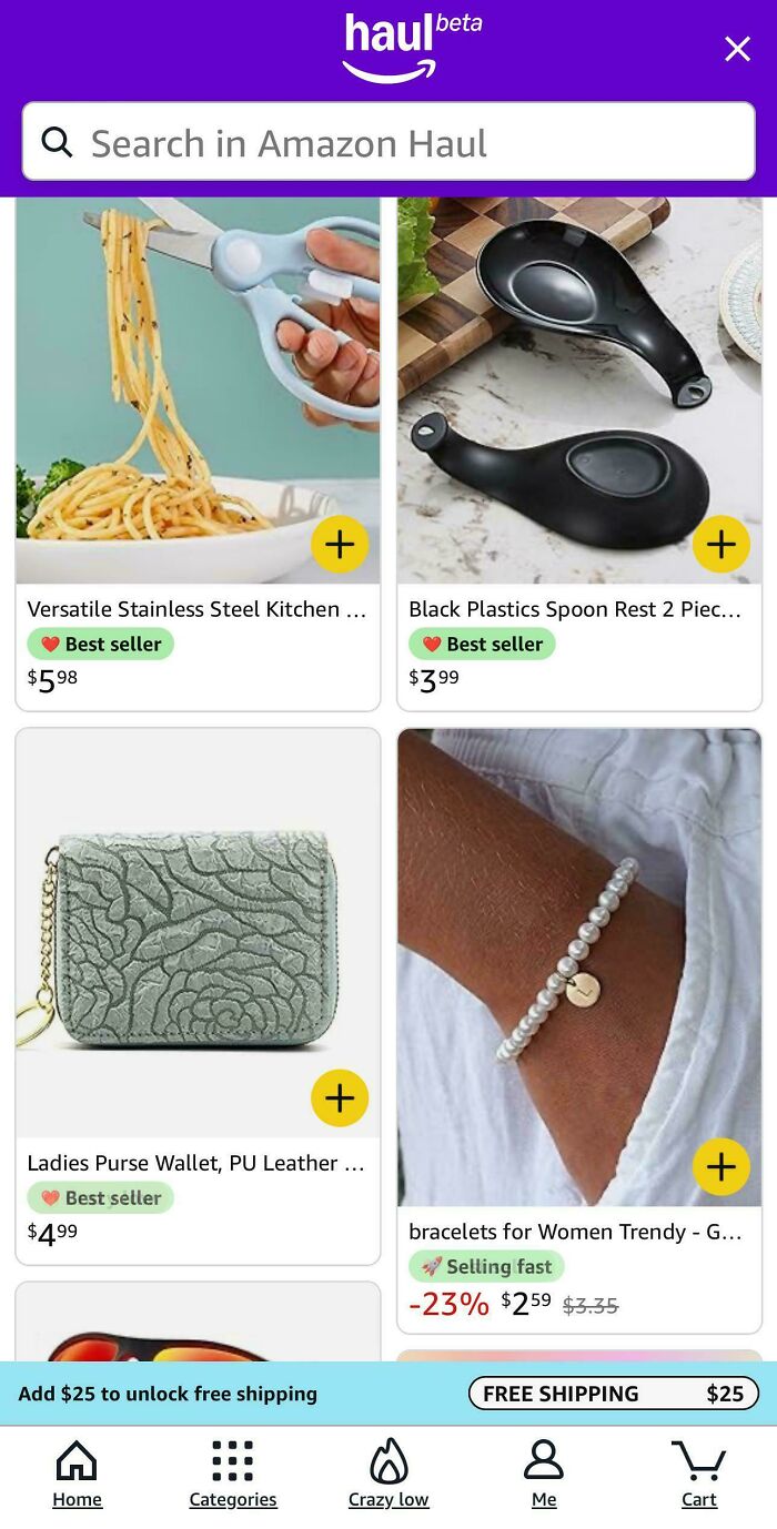 Amazon shopping app showing various consumerism items like kitchen tools and accessories.