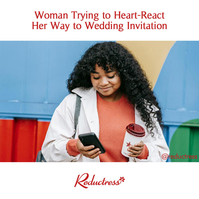 Young woman holding phone and coffee, smiling at screen, illustrating funniest fake article headlines from Reductress online magazine.