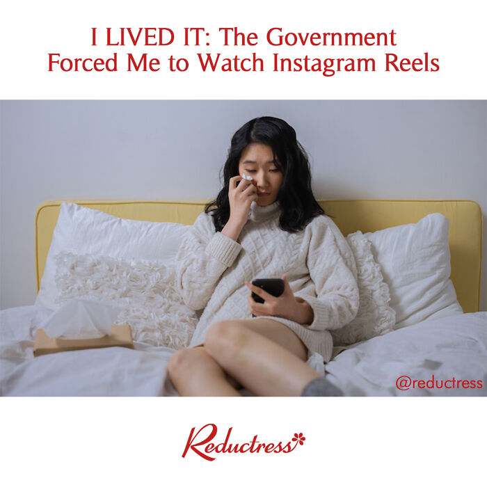 Young woman sitting on bed using phone and crying, illustrating funny fake article headlines from Reductress online magazine.