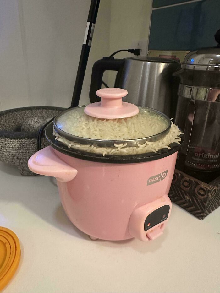 Pink rice cooker overflowing with uncooked rice spilling out from under the lid, showcasing a perfectly preventable fail.