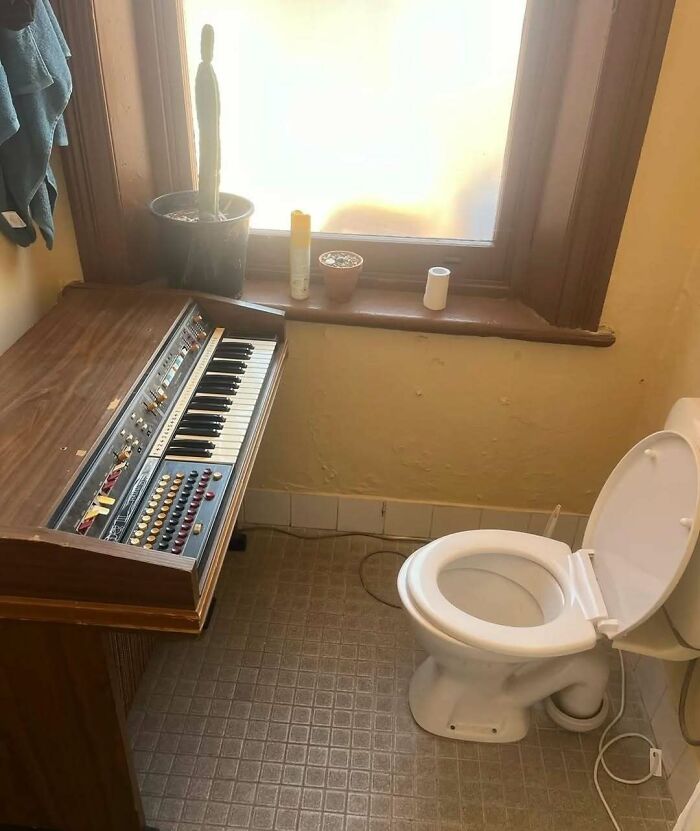 Small bathroom with a vintage keyboard organ next to a white toilet, a cactus plant and toiletries on the window ledge.