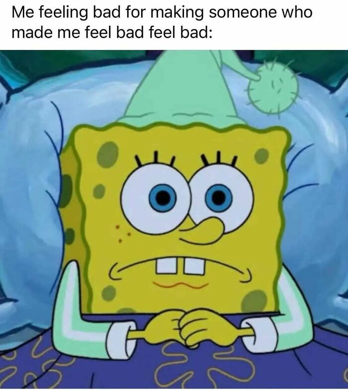 SpongeBob lying in bed looking worried with caption about feeling bad, humorous post using humor as a coping mechanism.