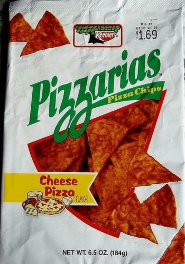 Keebler Pizzarias Cheese Pizza chips bag, a nostalgic snack from the ’90s. Price marked $1.69.