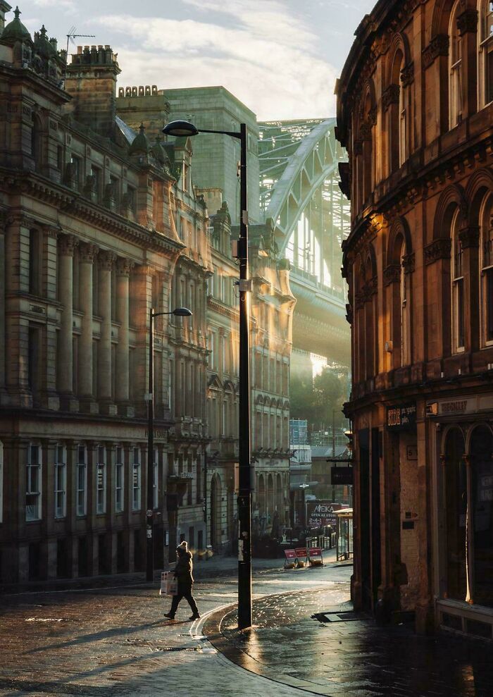 Sunlit street scene with historical architecture, capturing an "Accidental Renaissance" atmosphere in urban tranquility.