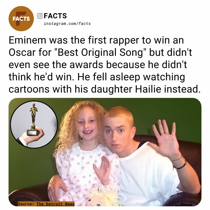 Rapper holding his daughter with text about winning an Oscar. Fun fact about an award night and missing the ceremony.