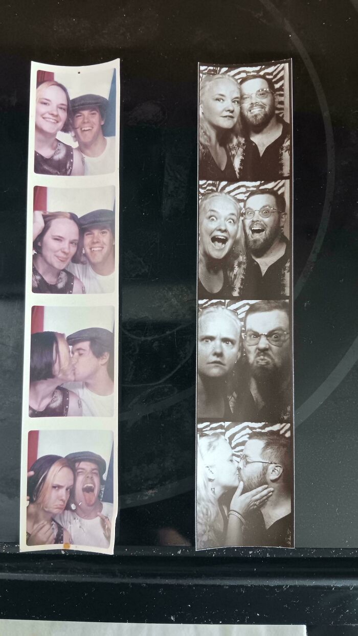 Two vertical photo booth strips of couples making faces and kissing, wholesome photos showing life journey snapshots
