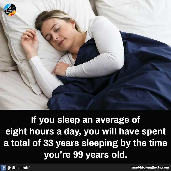 Woman sleeping peacefully in bed illustrating mind-blowing facts about average sleep duration and lifetime hours.