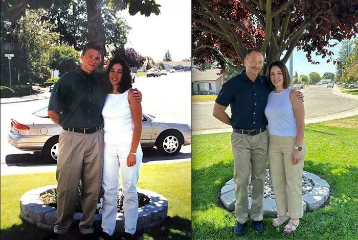 Wholesome photos: side-by-side then-and-now of a couple standing by a tree on a suburban lawn, same poses and smiles.