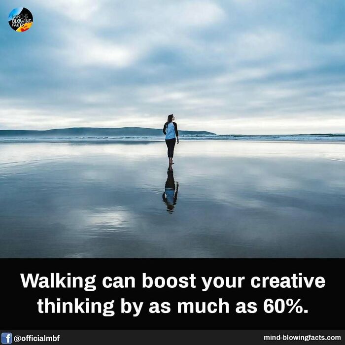 Person walking on reflective beach under cloudy sky illustrating mind-blowing facts about creativity boost from walking