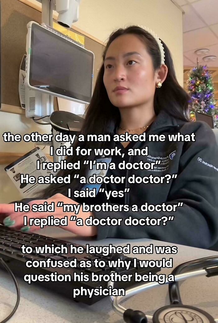 A woman in a medical setting shares a humorous exchange about being a doctor, highlighting stereotypes.