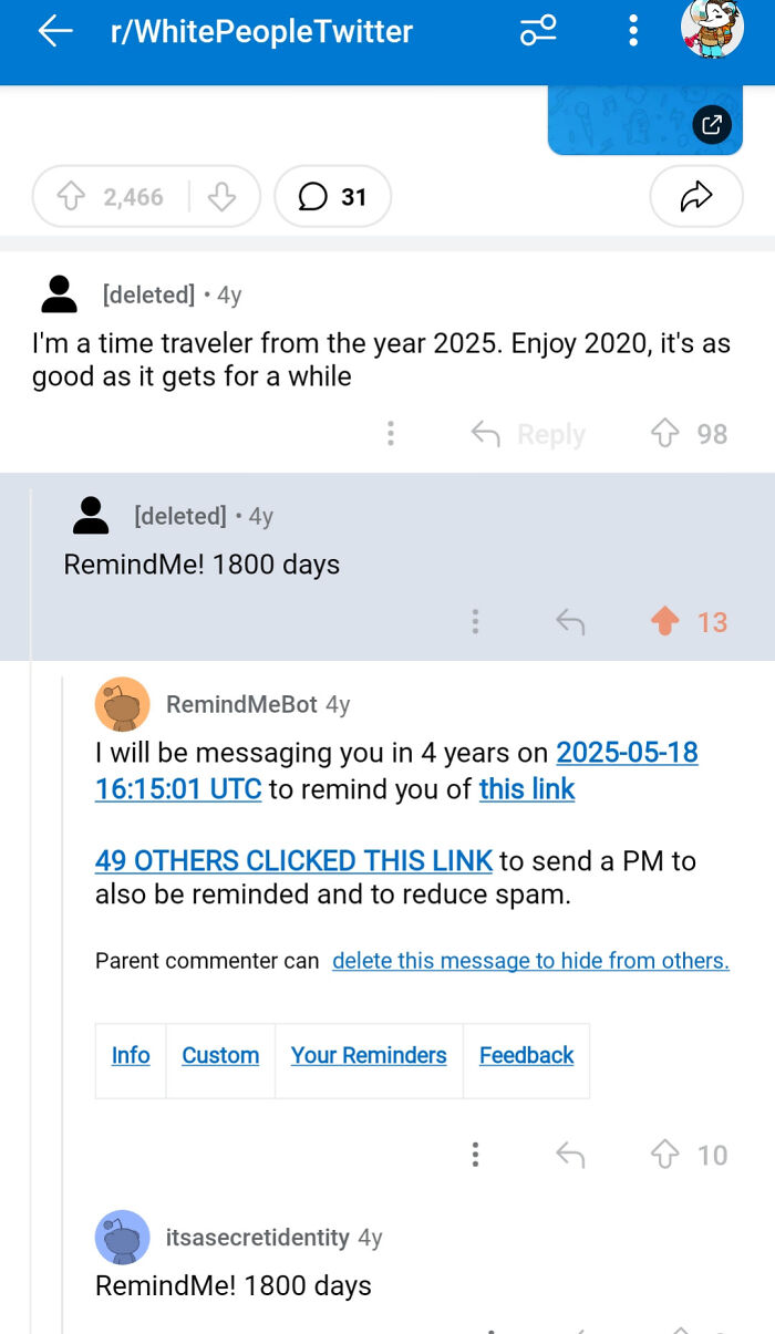 Reddit post about a 2025 time traveler prediction with reminders set for future verification.