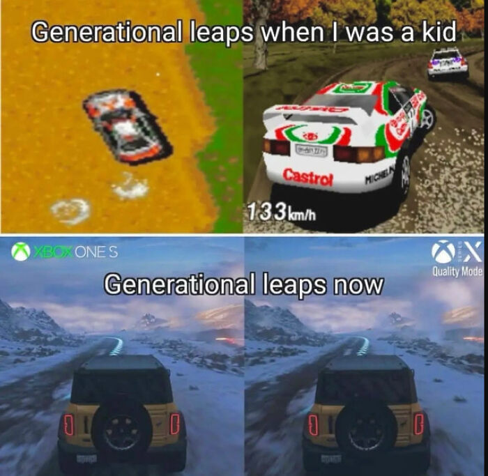 Comparison of '90s pixelated racing games with modern high-resolution graphics.