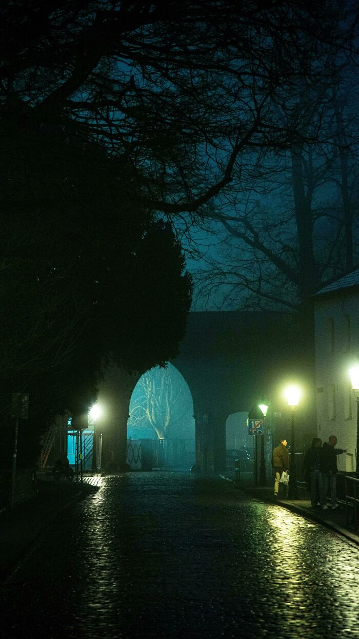 Foggy street scene with glowing lights and silhouettes, resembling an Accidental Renaissance painting at night.