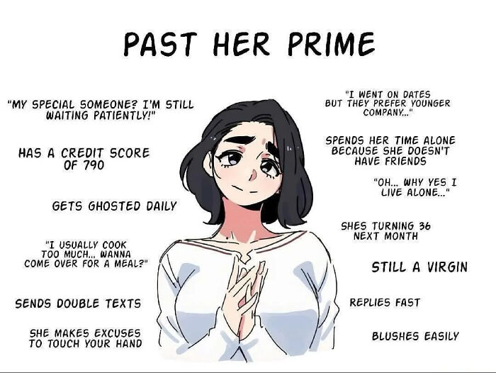 Anime illustration mocking stereotypes about women, highlighting text like "past her prime" and various sarcastic statements.