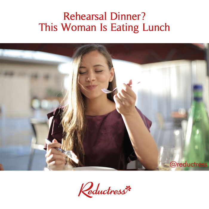 Woman eating lunch at a restaurant, featured in funny fake article headlines from Reductress online magazine.