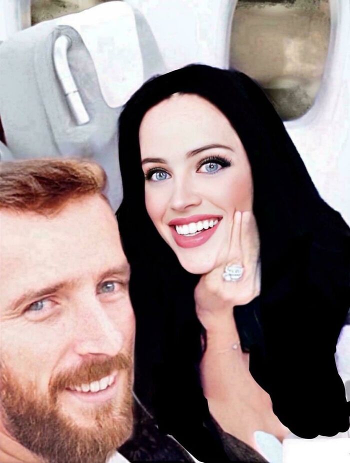 Over-airbrushed selfie with two people showing unrealistic features, highlighting extreme Photoshop use.