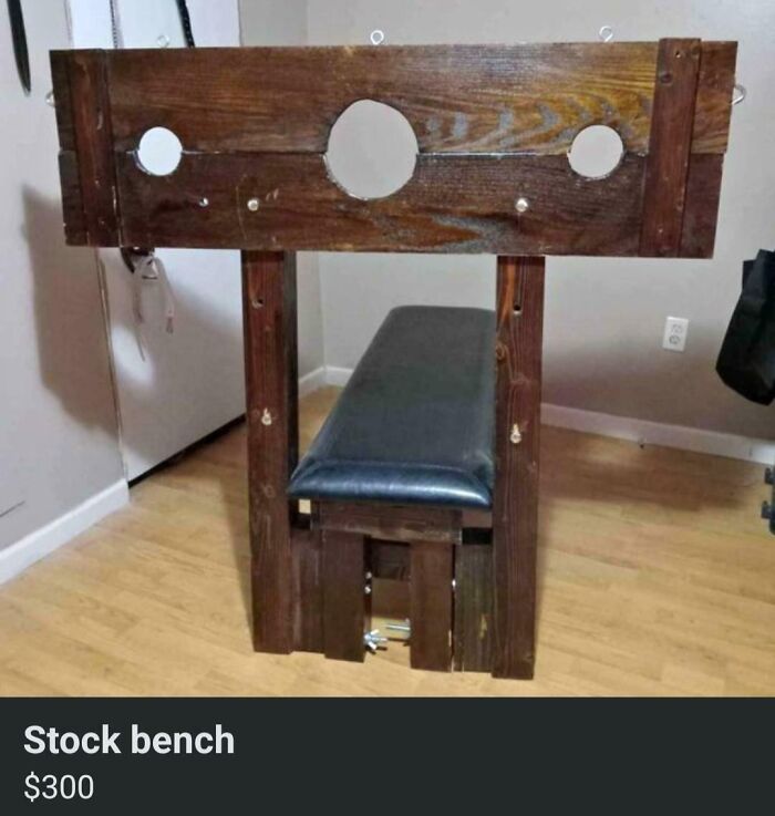 "B**M stock bench for sale online, priced at $300, wooden structure with padded seat."