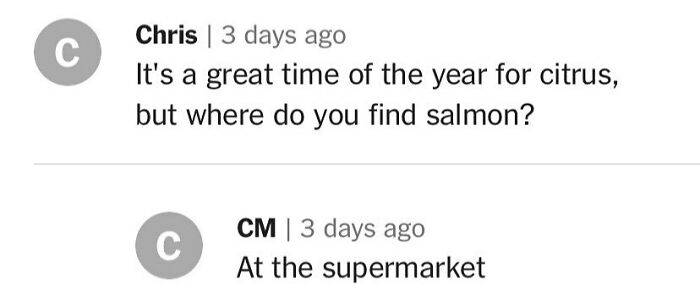 Conversation about cooking with a humorous comment about finding salmon.