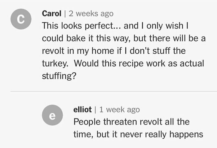 Comments about recipe and cooking concerns, discussing stuffing a turkey.