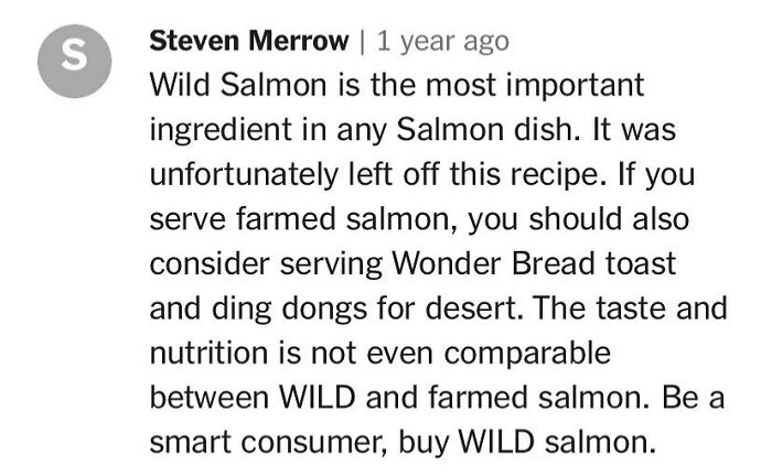 Comment on wild vs. farmed salmon in cooking and recipes.