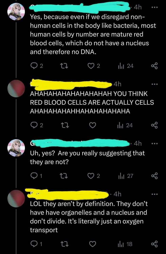 Social media exchange debating red blood cells' classification, highlighting 2024 dumbest post.