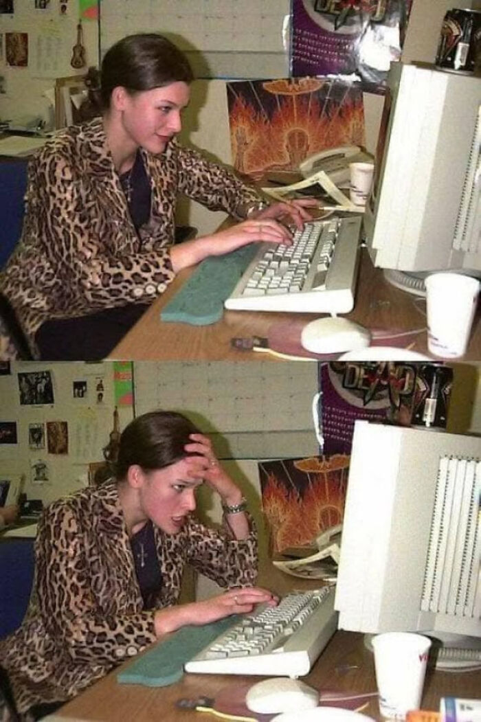 Woman in '90s outfit at computer, first smiling, then frustrated.